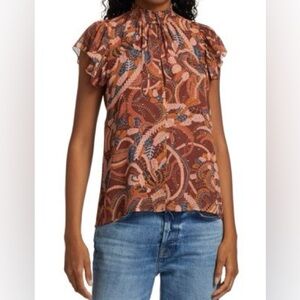 A.L.C. Hayley Printed Top size 2 silk Floral Ruffle Sleeve red pink smocked